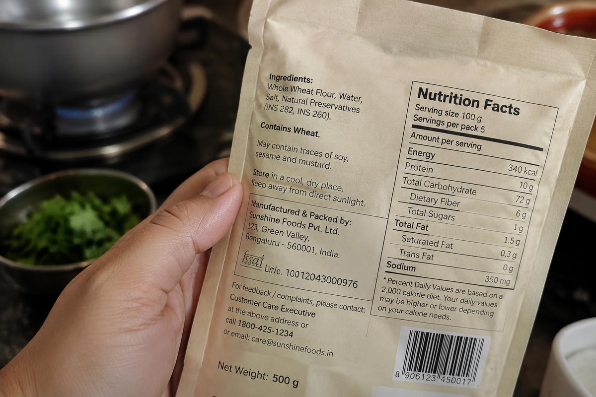 A hand holding a food packet and reading its nutrition facts panel